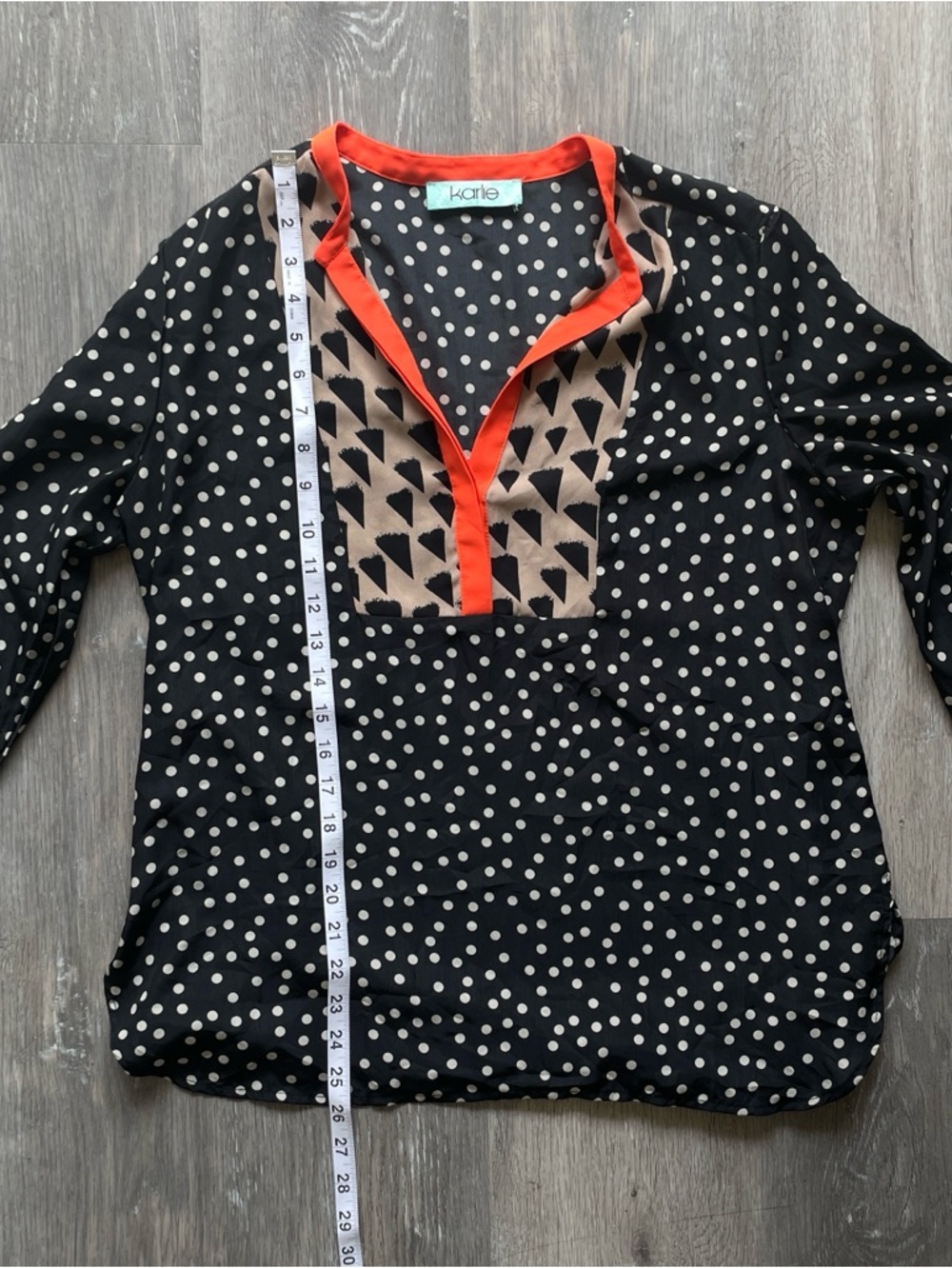 Karlie Polka Dot Colorblock Blouse Large Navy Orange Lightweight Statement Top - Picture 6 of 6